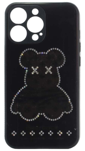 Силиконовый чехол для Apple iPhone 13 Pro стеклянный мишка со стразами черный