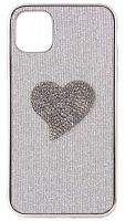 Силиконовый чехол для Apple iPhone 11 текстильный со стразами сердце серебро