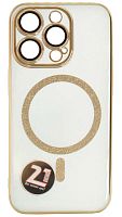 Силиконовый чехол для Apple iPhone 14 Pro magsafe с блестками и линзами золотой