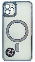 Силиконовый чехол для Apple iPhone 11 magsafe с блестками и окантовкой из страз голубой