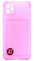 Силиконовый чехол для Apple iPhone 11 с кардхолдером и уголками прозрачный розовый