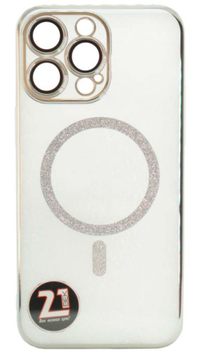 Силиконовый чехол для Apple iPhone 14 Pro Max magsafe с блестками и линзами серебро