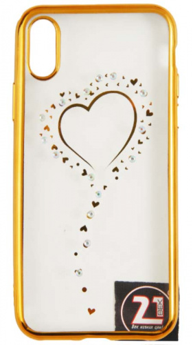 Силиконовый чехол для Apple iPhone X/XS со стразами и окантовкой сердце золотой