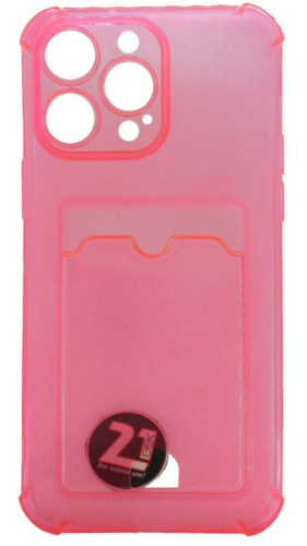Силиконовый чехол для Apple iPhone 14 Pro Max с кардхолдером и уголками прозрачный розовый
