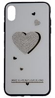 Силиконовый чехол для Apple iPhone XS Max стеклянная со стразами сердце белый