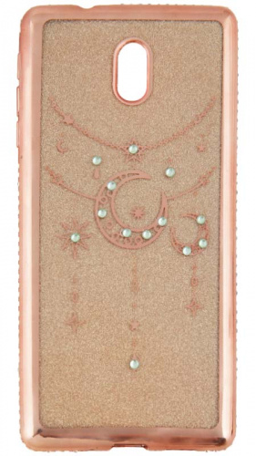 Силиконовый чехол для Nokia 3 месяц со стразами блёстками и окантовкой из страз розовый