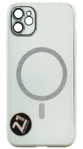Силиконовый чехол для Apple iPhone 11 magsafe с блестками и линзами серебро