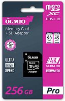 Карта памяти microSDXC 256GB V30, UHS-I Class 3 (U3), с адаптером, OLMIO