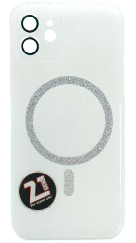 Силиконовый чехол для Apple iPhone 12 magsafe с блестками и линзами белый