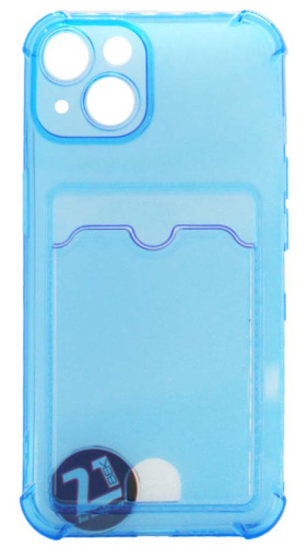 Силиконовый чехол для Apple iPhone 14 с кардхолдером и уголками прозрачный синий