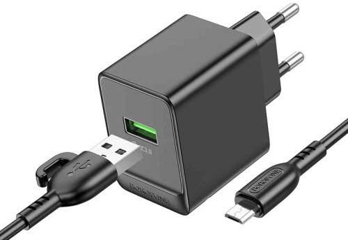 СЗУ 1 USB Borofone BAS12A Erudite 18Вт QC FCP AFC кабель USB - микро USB 1.0м чёрный