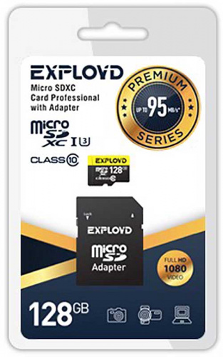 128GB карта памяти microSDXC Exployd, Class10, UHS-1 Premium (U3) SD 95 MB/s, с адаптером