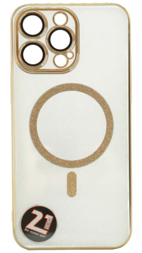 Силиконовый чехол для Apple iPhone 14 Pro Max magsafe с блестками и линзами золотой