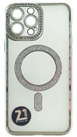 Силиконовый чехол для Apple iPhone 13 Pro Max magsafe с блестками и окантовкой из страз серебро
