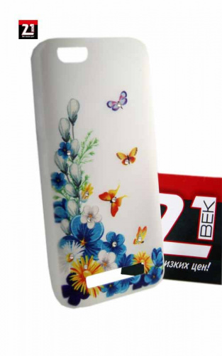 Силиконовый чехол для LENOVO Vibe C A2020 синие цветы и бабочки со стразами фосфор матовый