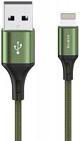 Кабель BASIC, USB 2.0 - lightning, 1.2м, 2.1A, текстильная оплетка, зеленый, OLMIO